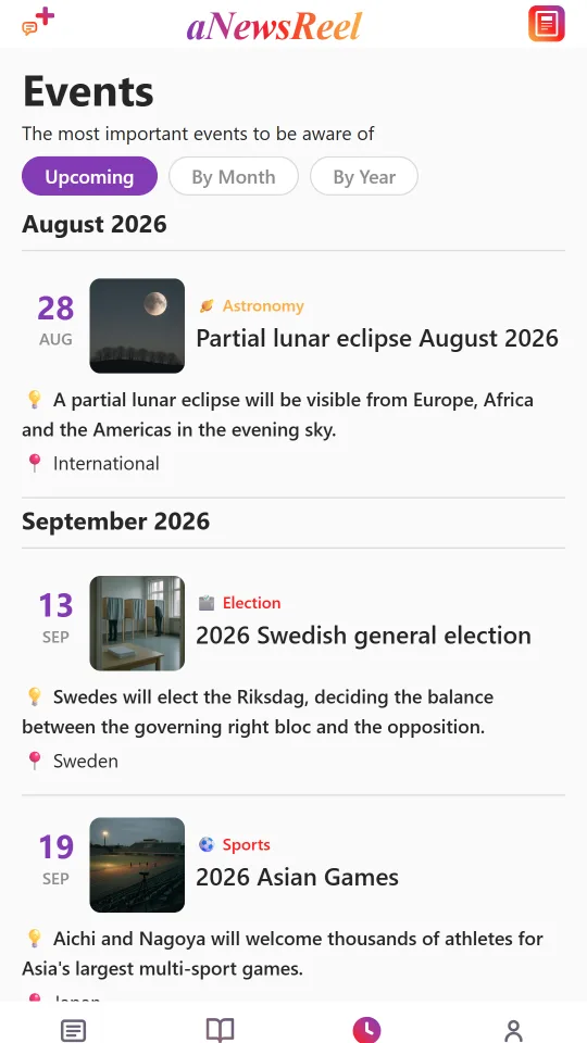 The Events screen in aNewsReel, showing upcoming events like a partial lunar eclipse, the Swedish general election and the Asian Games.
