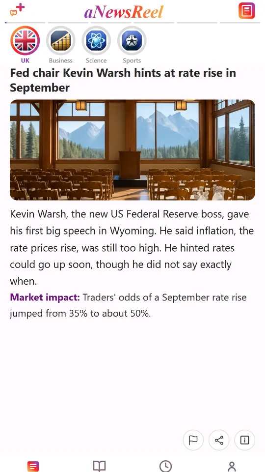 A UK news story in aNewsReel: Fed chair Kevin Warsh hints at rate rise in September, with a short summary and a market impact note.